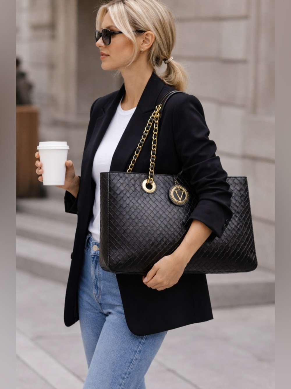 Woven Black Tote Bag Chain Strap Minimalist Luxe Work Travel Large Carryall